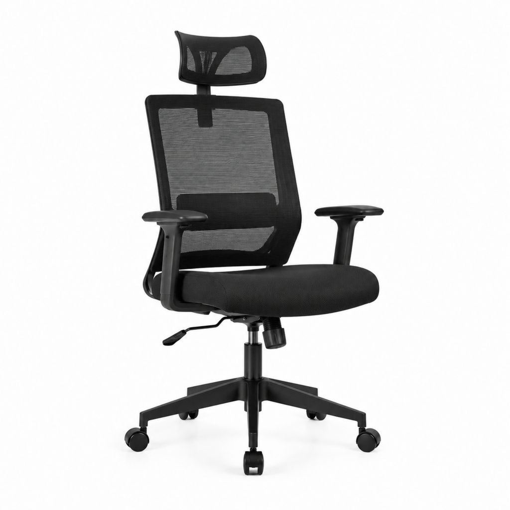 Ergonomischer Bürodrehstuhl Schwarz mit Polyester-Netzbezug Kopfstütze und Rollen 65 x 65 x 117-127 cm