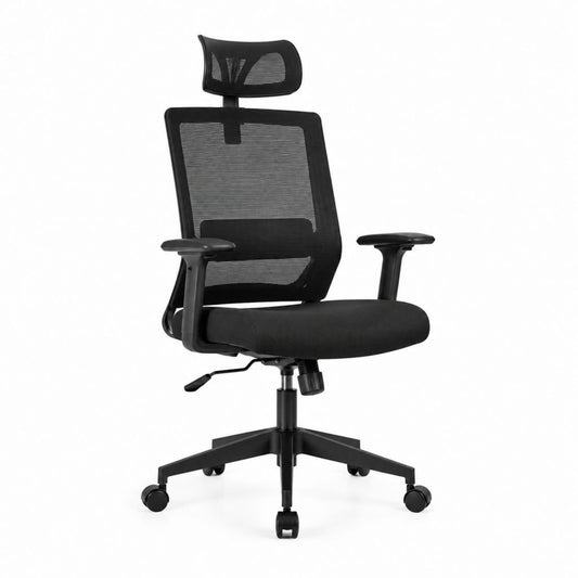 Ergonomischer Bürodrehstuhl Schwarz mit Polyester-Netzbezug Kopfstütze und Rollen 65 x 65 x 117-127 cm