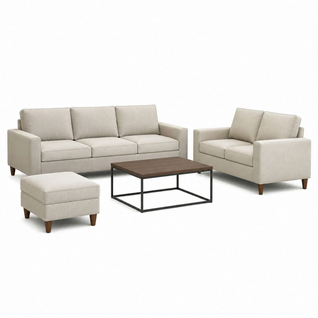 Sofagarnitur 4-teilig Beige Polyester mit 3-Sitzer 2-Sitzer Hocker und Couchtisch 205 x 86 x 86 cm