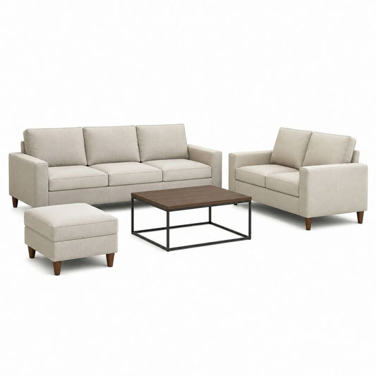 Sofagarnitur 4-teilig Beige Polyester mit 3-Sitzer 2-Sitzer Hocker und Couchtisch 205 x 86 x 86 cm