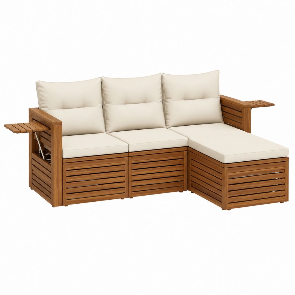 Gartenlounge Ecksofa 3-Sitzer Braun Akazienholz mit cremefarbenen Polyesterkissen 220 x 150 x 75 cm
