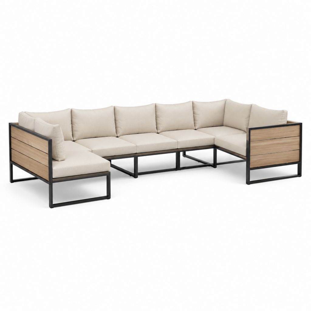 Gartenlounge Ecksofa 5-teilig Beige mit Akazienholz und Stahlgestell 300 x 220 x 70 cm