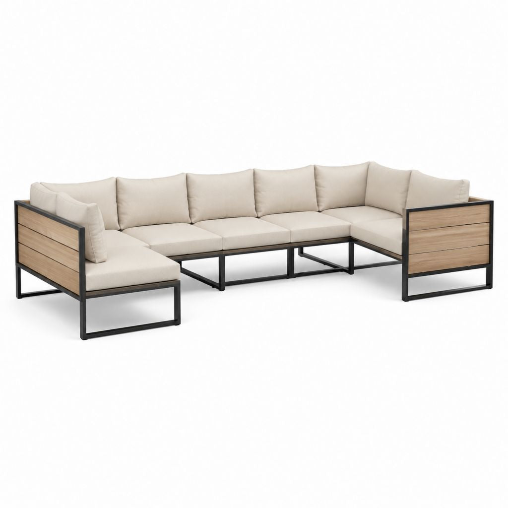 Gartenlounge Ecksofa 5-teilig Beige mit Akazienholz und Stahlgestell 300 x 220 x 70 cm