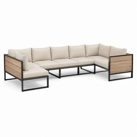 Gartenlounge Ecksofa 5-teilig Beige mit Akazienholz und Stahlgestell 300 x 220 x 70 cm