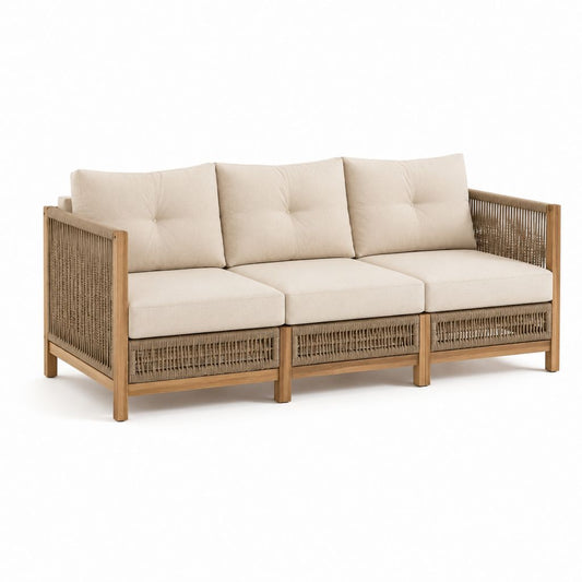 3-Sitzer Gartensofa Natur Beige aus Akazienholz und Polypropylenseil 210 x 80 x 78 cm