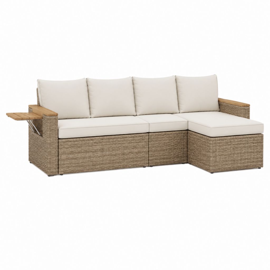 Gartensofa Ecksofa 4-Sitzer Naturbeige PE-Geflecht L-Form 220 x 150 x 80 cm mit klappbarem Beistelltisch