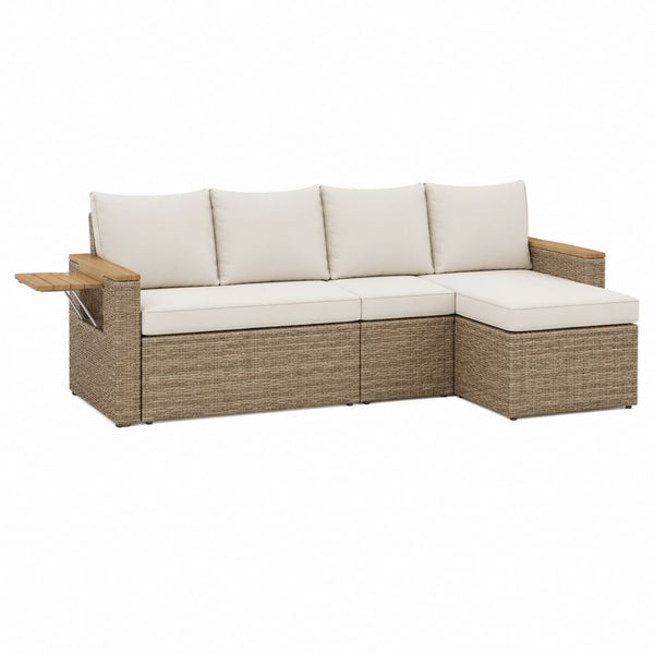 Gartensofa Ecksofa 4-Sitzer Naturbeige PE-Geflecht L-Form 220 x 150 x 80 cm mit klappbarem Beistelltisch